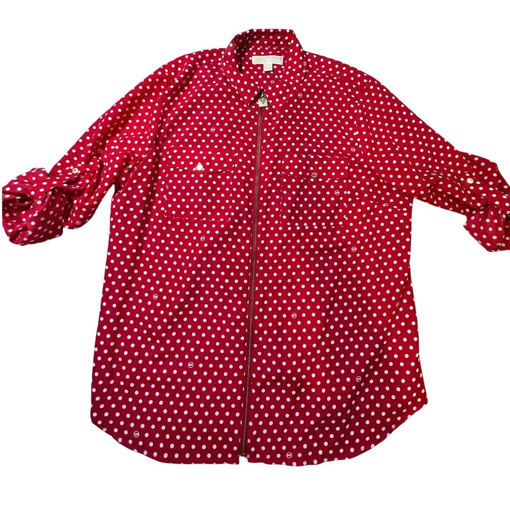 Michael Michael Kors Red Polka Dot Zip Front Padlock Blouse XL